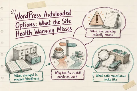 Illustrated infographic summarizing: WordPress Autoloaded Options: What the Site Health Warning Misses