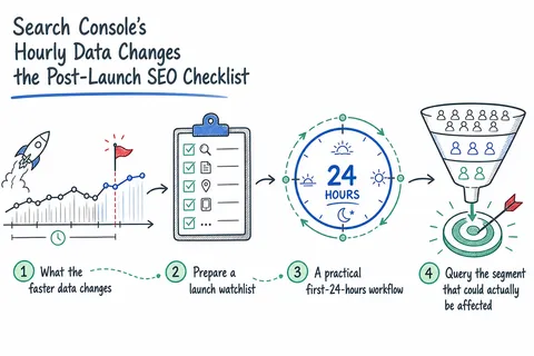 Illustrated infographic summarizing: Search Console’s Hourly Data Changes the Post-Launch SEO Checklist