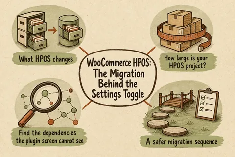 Illustrated infographic summarizing: WooCommerce HPOS: The Migration Behind the Settings Toggle