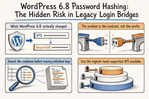 Illustrated infographic summarizing: WordPress 6.8 Password Hashing: The Hidden Risk in Legacy Login Bridges