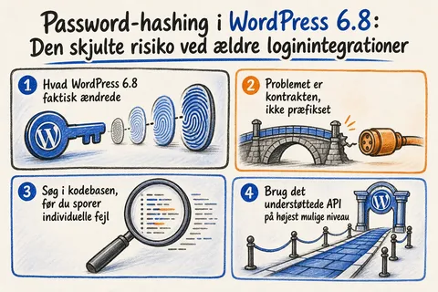 Illustreret infografik, der opsummerer: Password-hashing i WordPress 6.8: Den skjulte risiko ved ældre loginintegrationer