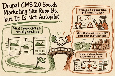 Illustrated infographic summarizing: Drupal CMS 2.0 Speeds Marketing Site Rebuilds, but It Is Not Autopilot