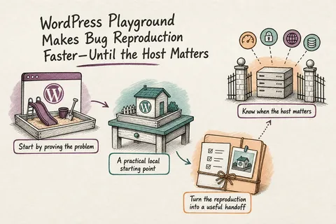 Illustrated infographic summarizing: WordPress Playground Makes Bug Reproduction Faster—Until the Host Matters