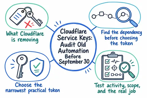Illustrated infographic summarizing: Cloudflare Service Keys: Audit Old Automation Before September 30