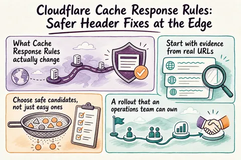 Illustrated infographic summarizing: Cloudflare Cache Response Rules: Safer Header Fixes at the Edge