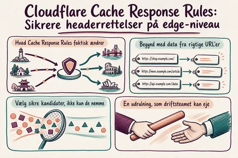 Illustrated infographic summarizing: Cloudflare Cache Response Rules: Sikrere headerrettelser på edge-niveau