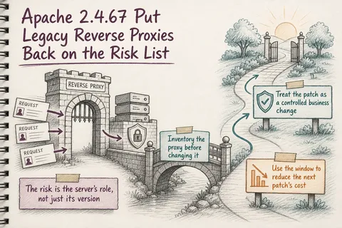 Illustrated infographic summarizing: Apache 2.4.67 Put Legacy Reverse Proxies Back on the Risk List