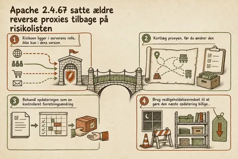 Illustreret infografik, der opsummerer: Apache 2.4.67 satte ældre reverse proxies tilbage på risikolisten
