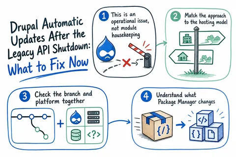Illustrated infographic summarizing: Drupal Automatic Updates After the Legacy API Shutdown: What to Fix Now
