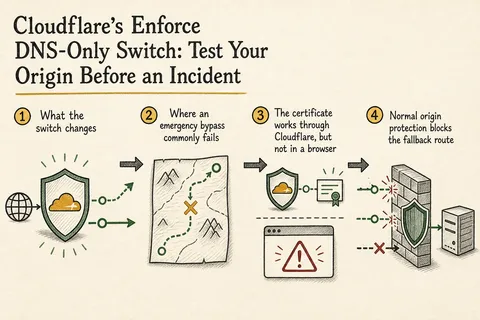 Illustrated infographic summarizing: Cloudflare’s Enforce DNS-Only Switch: Test Your Origin Before an Incident
