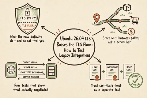 Illustrated infographic summarizing: Ubuntu 26.04 LTS Raises the TLS Floor: How to Test Legacy Integrations