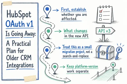 Illustrated infographic summarizing: HubSpot OAuth v1 Is Going Away: A Practical Plan for Older CRM Integrations