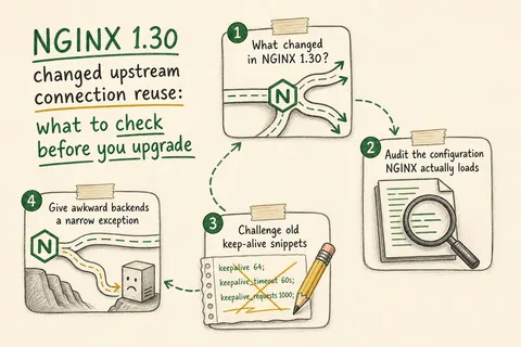 Illustrated infographic summarizing: NGINX 1.30 changed upstream connection reuse: what to check before you upgrade