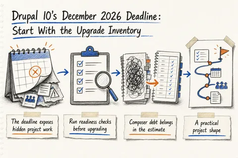 Illustrated infographic summarizing: Drupal 10's December 2026 Deadline: Start With the Upgrade Inventory