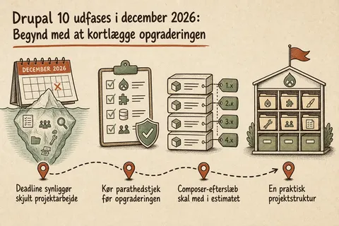 Illustreret infografik, der opsummerer: Drupal 10 udfases i december 2026: Begynd med at kortlægge opgraderingen