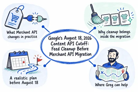 Illustrated infographic summarizing: Google’s August 18, 2026 Content API Cutoff: Feed Cleanup Before Merchant API Migration