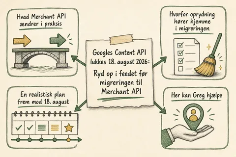 Illustreret infografik, der opsummerer: Googles Content API lukkes 18. august 2026: Ryd op i feedet før migreringen til Merchant API