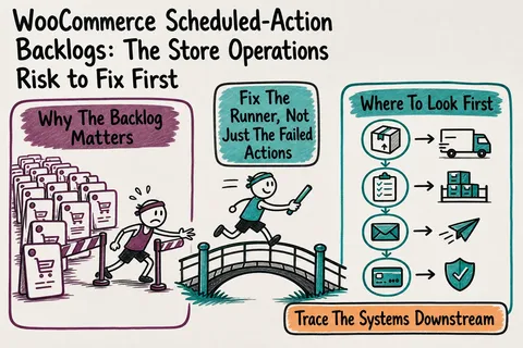Illustrated infographic summarizing: WooCommerce Scheduled-Action Backlogs: The Store Operations Risk to Fix First