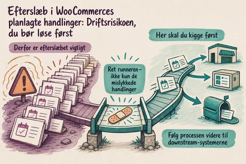 Illustreret infografik, der opsummerer: Efterslæb i WooCommerces planlagte handlinger: Driftsrisikoen, du bør løse først