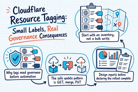 Illustrated infographic summarizing: Cloudflare Resource Tagging: Small Labels, Real Governance Consequences