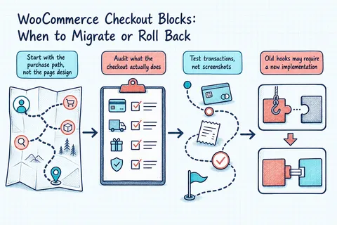Illustrated infographic summarizing: WooCommerce Checkout Blocks: When to Migrate or Roll Back
