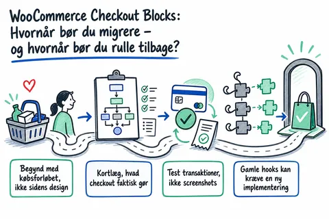 Illustreret infografik, der opsummerer: WooCommerce Checkout Blocks: Hvornår bør du migrere – og hvornår bør du rulle tilbage?