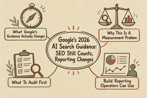 Illustrated infographic summarizing: Google’s 2026 AI Search Guidance: SEO Still Counts, Reporting Changes