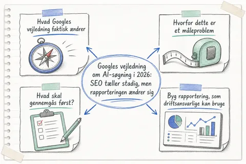 Illustreret infografik, der opsummerer: Googles vejledning om AI-søgning i 2026: SEO tæller stadig, men rapporteringen ændrer sig