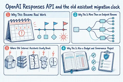 Illustrated infographic summarizing: OpenAI Responses API and the old assistant migration clock