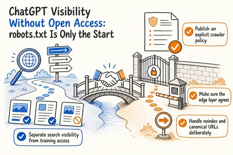 Illustrated infographic summarizing: ChatGPT Visibility Without Open Access: robots.txt Is Only the Start