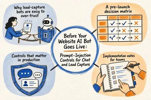 Illustrated infographic summarizing: Before Your Website AI Bot Goes Live: Prompt-Injection Controls for Chat and Lead Capture