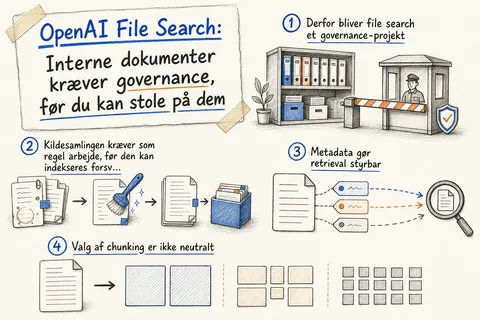Illustrated infographic summarizing: OpenAI File Search: Interne dokumenter kræver governance, før du kan stole på dem