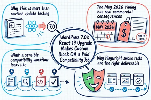 Illustrated infographic summarizing: WordPress 7.0's React 19 Upgrade Makes Custom Block QA a Paid Compatibility Job