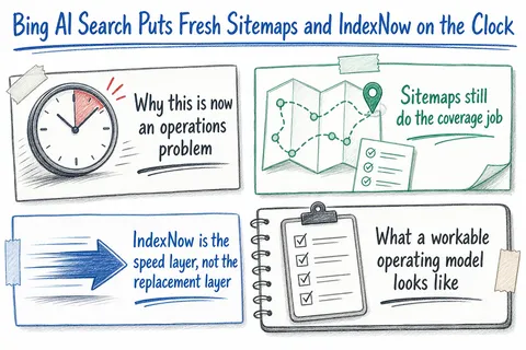 Illustrated infographic summarizing: Bing AI Search Puts Fresh Sitemaps and IndexNow on the Clock