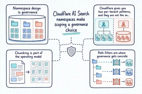 Illustrated infographic summarizing: Cloudflare AI Search namespaces make scoping a governance choice