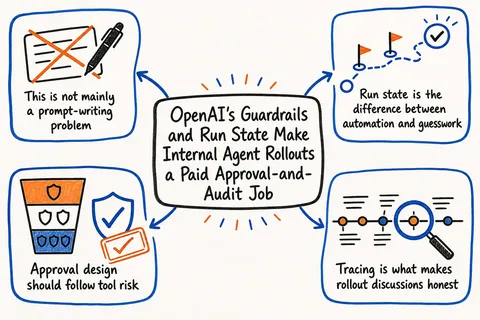 Illustrated infographic summarizing: OpenAI's Guardrails and Run State Make Internal Agent Rollouts a Paid Approval-and-Audit Job