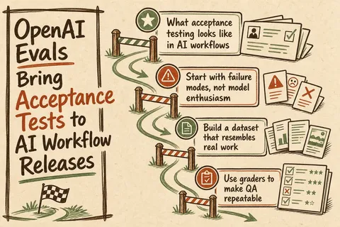 Illustrated infographic summarizing: OpenAI Evals Bring Acceptance Tests to AI Workflow Releases