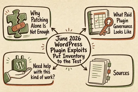 Illustrated infographic summarizing: June 2026 WordPress Plugin Exploits Put Inventory to the Test