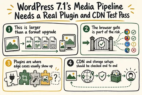 Illustrated infographic summarizing: WordPress 7.1's Media Pipeline Needs a Real Plugin and CDN Test Pass