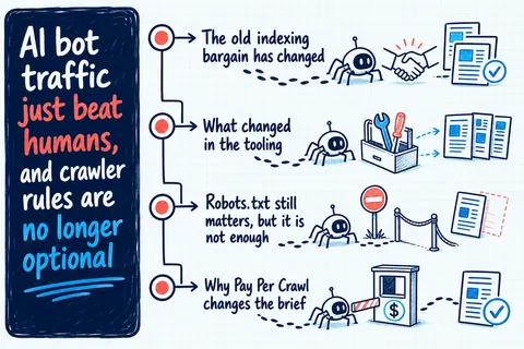 Illustrated infographic summarizing: AI bot traffic just beat humans, and crawler rules are no longer optional