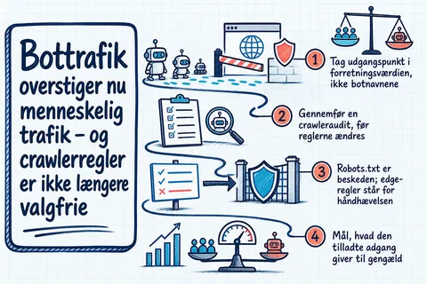Illustreret infografik, der opsummerer: Bottrafik overstiger nu menneskelig trafik – og crawlerregler er ikke længere valgfrie