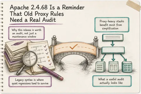 Illustrated infographic summarizing: Apache 2.4.68 Is a Reminder That Old Proxy Rules Need a Real Audit