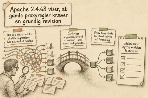 Illustreret infografik, der opsummerer: Apache 2.4.68 viser, at gamle proxyregler kræver en grundig revision