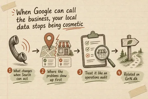 Illustrated infographic summarizing: When Google can call the business, your local data stops being cosmetic