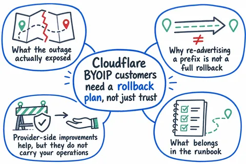 Illustrated infographic summarizing: Cloudflare BYOIP customers need a rollback plan, not just trust
