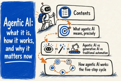 Illustrated infographic summarizing: Agentic AI: what it is, how it works, and why it matters now
