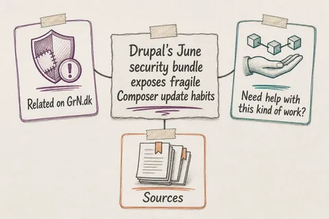 Illustrated infographic summarizing: Drupal's June security bundle exposes fragile Composer update habits