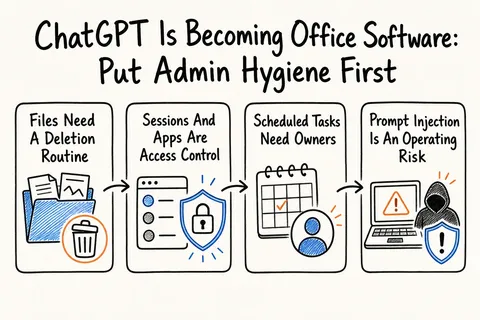 Hand-drawn sketch infographic summarizing: ChatGPT Is Becoming Office Software: Put Admin Hygiene First