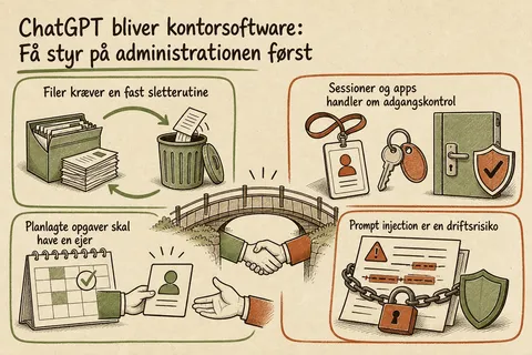 Illustreret infografik, der opsummerer: ChatGPT bliver kontorsoftware: Få styr på administrationen først