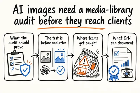 Hand-drawn sketch infographic summarizing: AI images need a media-library audit before they reach clients